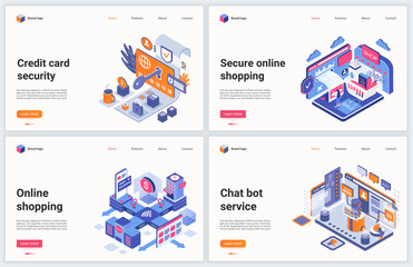 Fototapete - Isometric online shopping technology vector illustration. Creative concept banner set, interface webpage design with cartoon 3d modern security customers service and chat support for online shops