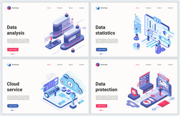 Fototapete - Isometric cloud data center vector illustration. Creative concept banner set, interface website design with cartoon 3d internet database service for analysis, protection or business statistics storage