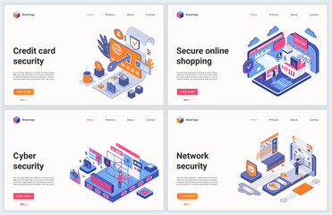 Aufkleber - Isometric cyber security technology vector illustration. Creative concept banner set, website design with cartoon 3d cyber service for data protection, safety of confidential credit card information