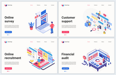 Poster - Isometric business recruiting technology vector illustration. Creative concept banner set, website design with cartoon 3d online hr recruitment service, financial account audit and customer support