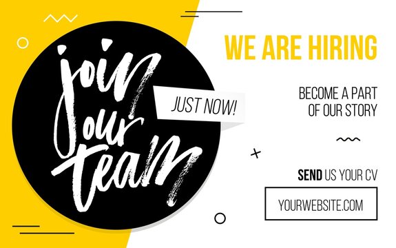 Wall Mural - Join our team black and yellow banner template vector illustration. Sample of website page for finding job and sending cv, candidate resume. Web with button and text
