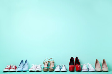 Sticker - Different female shoes on mint background