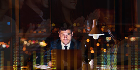 Poster - Financial trader using laptop in office at night, collage with people clapping hands and financial numbers on screen