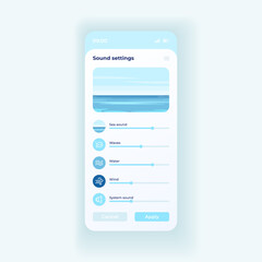 Sea sound settings app smartphone interface vector template. Mobile app page light theme design layout. Music player options menu screen. Flat UI for application. Volume adjustments on phone display