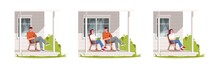 People Relax On Patio During Daytime Semi Flat RGB Color Vector Illustration Set. Man And Woman Sit In Armchair. Girl Read In Chair. Family Isolated Cartoon Characters Pack On White Background