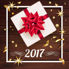 Wall Mural - White gift box with a beautiful red bow. Merry Christmas and Happy New Year 2017 greeting card. Vintage Background With Typography and Decoration Elements card Vector, eps 10.