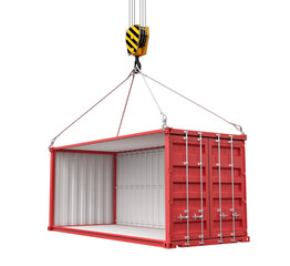 Poster - 3d rendering of crane lifting empty red shipping container isolated on white background