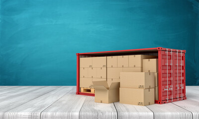 Poster - 3d rendering of red shipping container filled with cardboard boxes on white wooden floor and dark turquoise background.