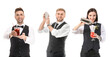 Young bartenders on white background