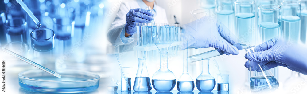 Multiple exposure of scientists doing sample analysis and laboratory glassware, banner design - obrazy, fototapety, plakaty 