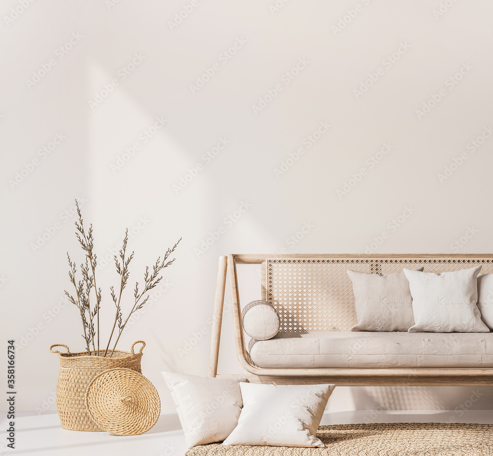 Close up for modern living room interior with natural wooden furniture, rattan basket and trendy carpet. Scandinavian style - obrazy, fototapety, plakaty 