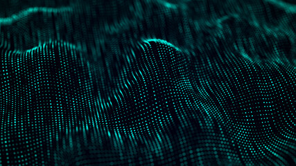 Poster - Digital dynamic wave of particles. Abstract blue futuristic background. Big data visualization. 3D rendering.