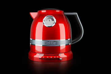 Poster - Red stainless electric tea kettle, retro design on black background, 3D rendering