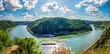 Panoramic landscape of River Rhine and Loreley on the right viewed from Rheinsteig trail viewpoint Felsenkanzel in Rhineland Palatinate near Sankt Goarshausen