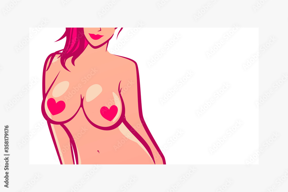Sexy girl with big boobs. Nude Lady vector banner illustration with copy space. Intimate poster