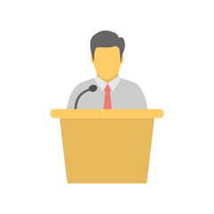 Public speaker icon behind tribune icon illustration. Orator, lecturer sign.