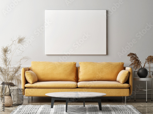 Cuadros en Lienzo Mockup poster in the living room, the yellow sofa in bohemian style, 3d render,
