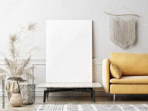Fotomural Mockup poster in the living room, the yellow sofa in bohemian style, 3d render,
