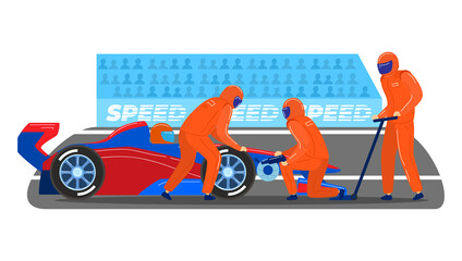 Professional pitstop team, male character together service formula 1 sport car isolated on white, cartoon vector illustration. World competition fast circuit race, tournament contest track.