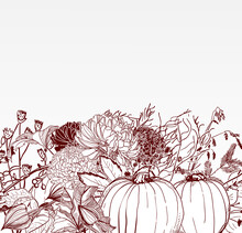 Fall Autumn Card Pumkin Leaves Frame Thanksgiving Day Sketch Style Hand Drawn Vector Illustration