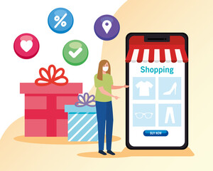 Sticker - woman buying online during covid 19 , shopping online on website, digital marketing in smartphone, stay safe during coronavirus vector illustration design