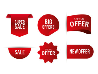 Poster - price tags, collection red ribbon banners, sale promotion, website stickers, special offers vector illustration design