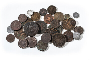 Ancient coins of the Russian Tsarist Empire. Collectible background on an isolated background! Numismatics of old money. Stock photo for design