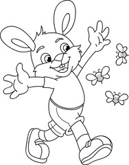 Coloring page outline of cartoon cute rabbit with bees. Colorful vector illustration, summer coloring book for kids.