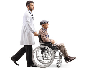 Poster - Young male doctor pushing a disabled elderly patient in a wheelchair