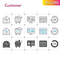 customer icon set. included online shop, 24-hours, shopping cart, barcode icons on white background. linear, bicolor, filled styles.