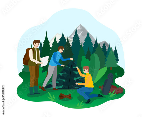 Fotografía Hiking camping outdoor national park area, male character naturalist walk ecology explore forest isolated on white, flat vector illustration