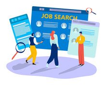 Online Job Search Tiny Character Male Female Freelance Job Seeker Isolated On White Flat Vector Illustration. Modern Internet Human Resources Person Hold Magnifying Glass Looking For Remote Workplace.