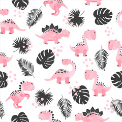 Wall Mural - Seamless cute pink cartoon dinosaurs pattern. Vector watercolor dino background for kids.