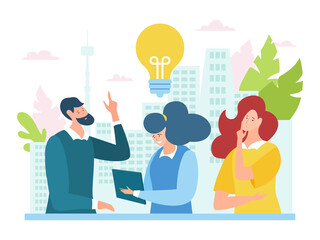 Idea teamwork brainstorming at meeting concept, vector illustration. Business people character work at company corporate strategy. Man woman conversation about idea, think and make notes.