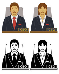 Wall Mural - set of business CEO vector icons male and female, sitting in high-back chair behind desk, isolated on a white background