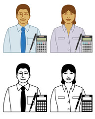 Wall Mural - set of business accountant or bookkeeper vector icons male and female, with pen and calculator, isolated on a white background