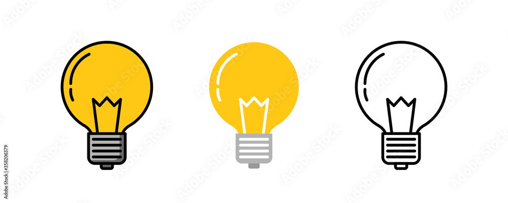 Light bulb logo icon three design, Color line, Flat lay and outline. Vector illustration - obrazy, fototapety, plakaty 