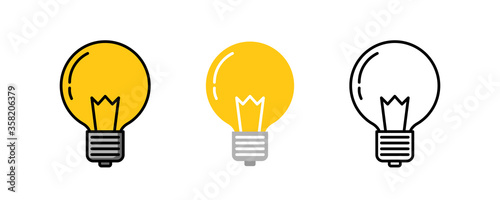 Fotografía Light bulb logo icon three design, Color line, Flat lay and outline