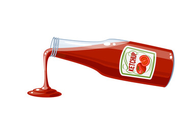 Tomato ketchup bottle pouring sauce, vector illustration cartoon icon isolated on white.