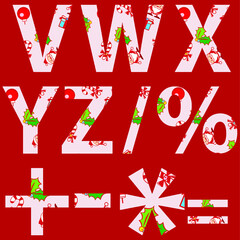 V W X Y Z alphabets and some basic mathematical symbols applied with Christmas items and Santa Claus pattern background vector