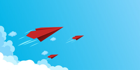 Wall Mural - red paper airplanes flying on blue sky.business teamwork and leadership concept.
