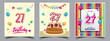 © Vectorideas - Vector Sets of 27th Years Birthday invitation, greeting card Design, with confetti and balloons, birthday cake, Colorful Vector template Elements for your Birthday Celebration Party.
