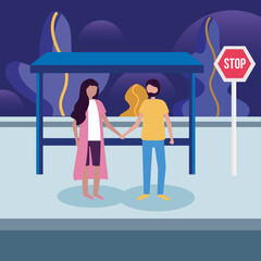 Poster - woman and man at bus stop vector design