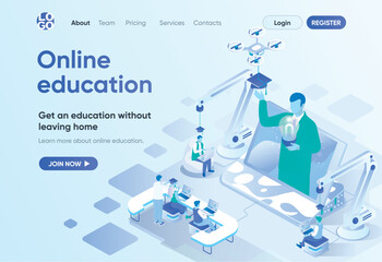 Poster - online education isometric landing page. distance learning, professional courses and skills developm