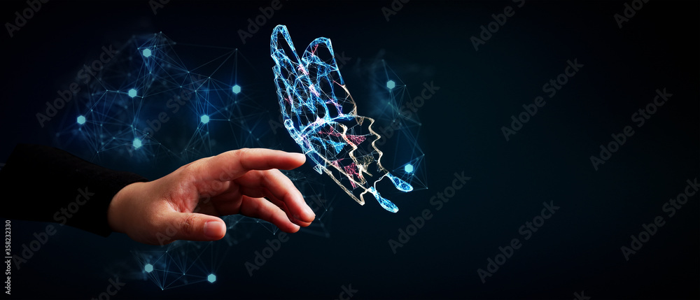 Abstract 3D illustration change future technology business concept with butterfly transform and human hand - obrazy, fototapety, plakaty 