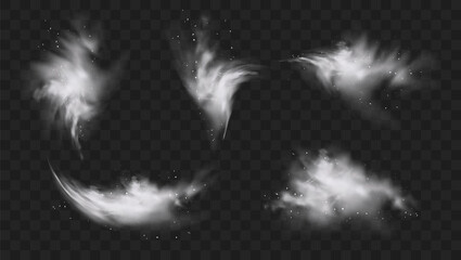 White snow explosion set with particles and snowflakes splash isolated on transparent dark background. White flour powder explosion, Holi paint powder. Smog effect. Realistic vector illustration