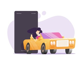 Poster - Mobile phone and car blank empty screen or smartphone vehicle online remote technology vector flat cartoon illustration, smiling woman driving automobile near cellphone modern design