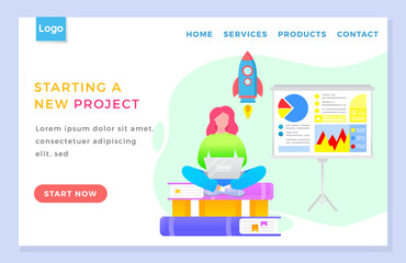 Fototapete - Woman starting new project alone. Lady sit on books and making research on laptop. Person searching ideas and strategies for startup. Board with business analytics. Vector illustration of website