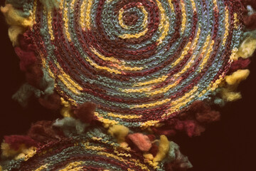 Fluffy multi-colored yarn crocheted on a round plastic canvas close-up. Two parts for the handmade bag. Retro style toned. Top view