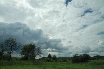 Wall Mural - thunderous epic clouds in a field near the old garden. stock photo background with heaven.